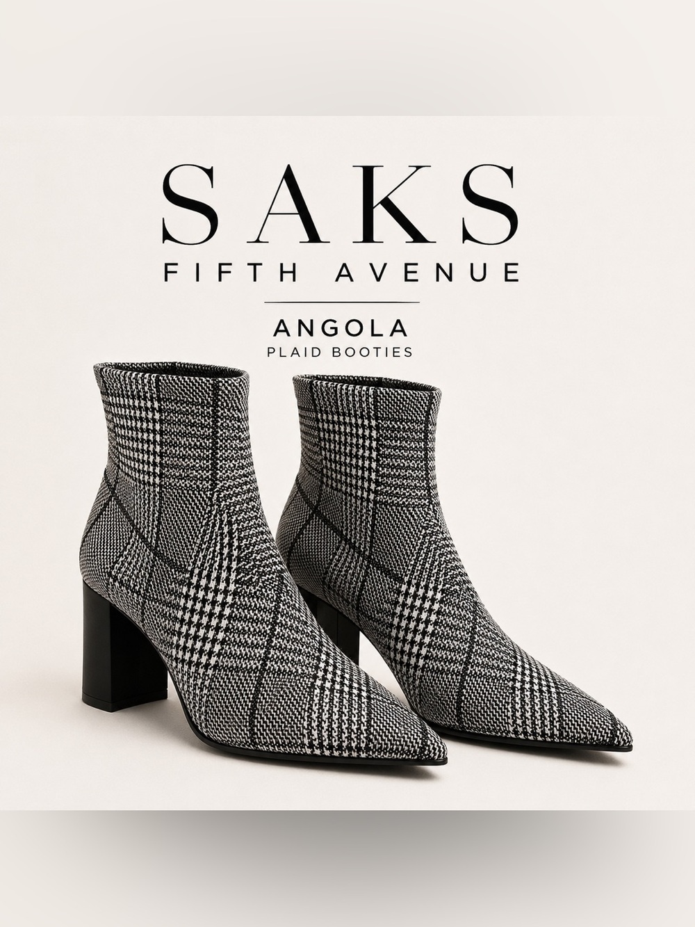 Saks Fifth Avenue Black & White Plaid Angola Pointed-Toe Booties NWT